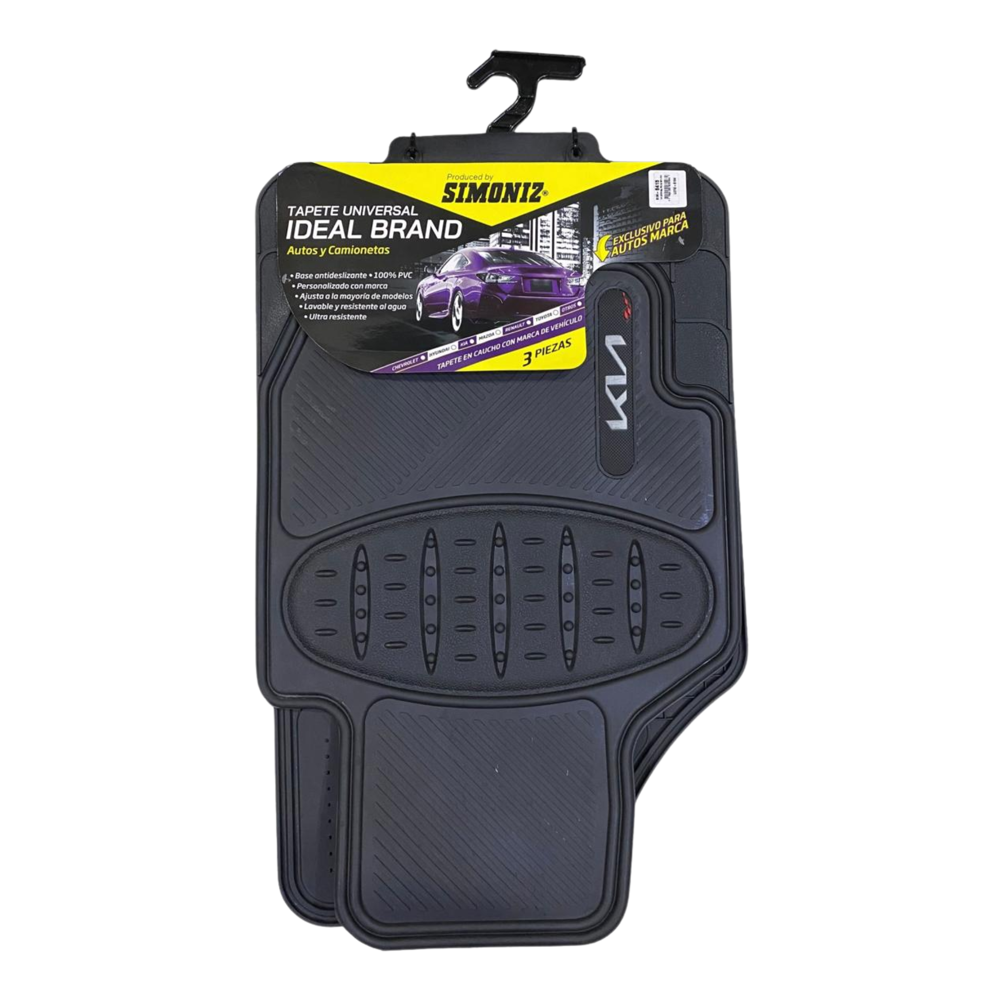 Tapete Kia Simoniz 3 piezas en PVC, lavable, resistente y antideslizante. Ideal para mantener limpio y elegante el interior de tu vehículo.