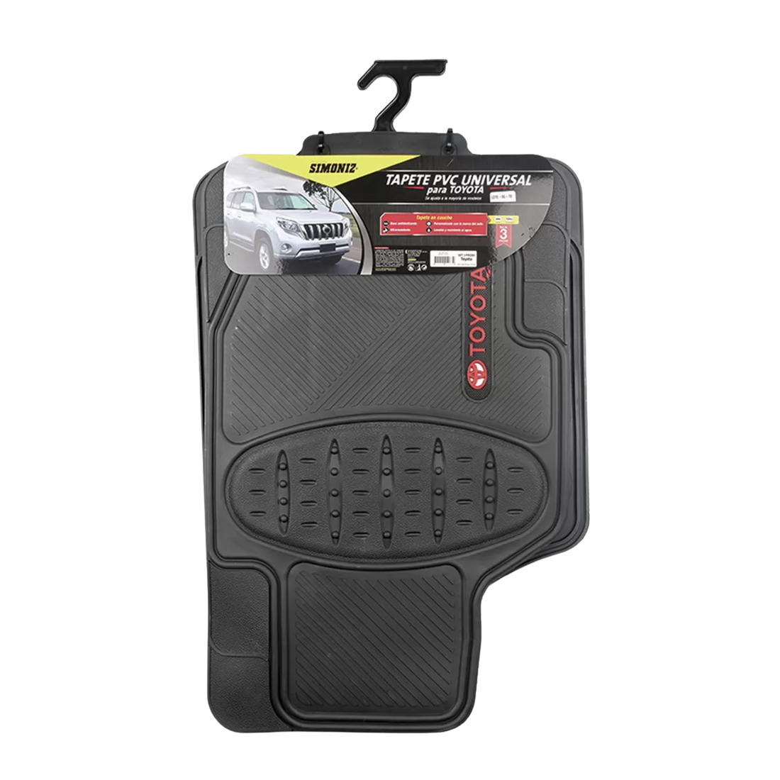 Tapete Toyota 3 piezas Simoniz resistente y antideslizante. Lavable y elegante, protege tu carro con estilo y durabilidad.