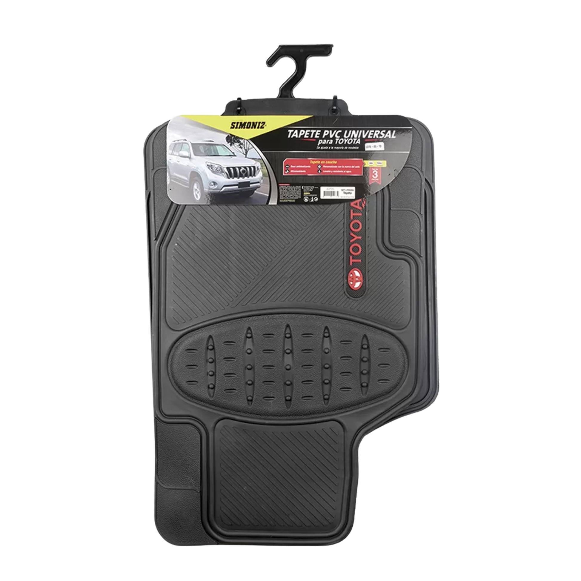 Tapete Toyota 3 piezas Simoniz resistente y antideslizante. Lavable y elegante, protege tu carro con estilo y durabilidad.