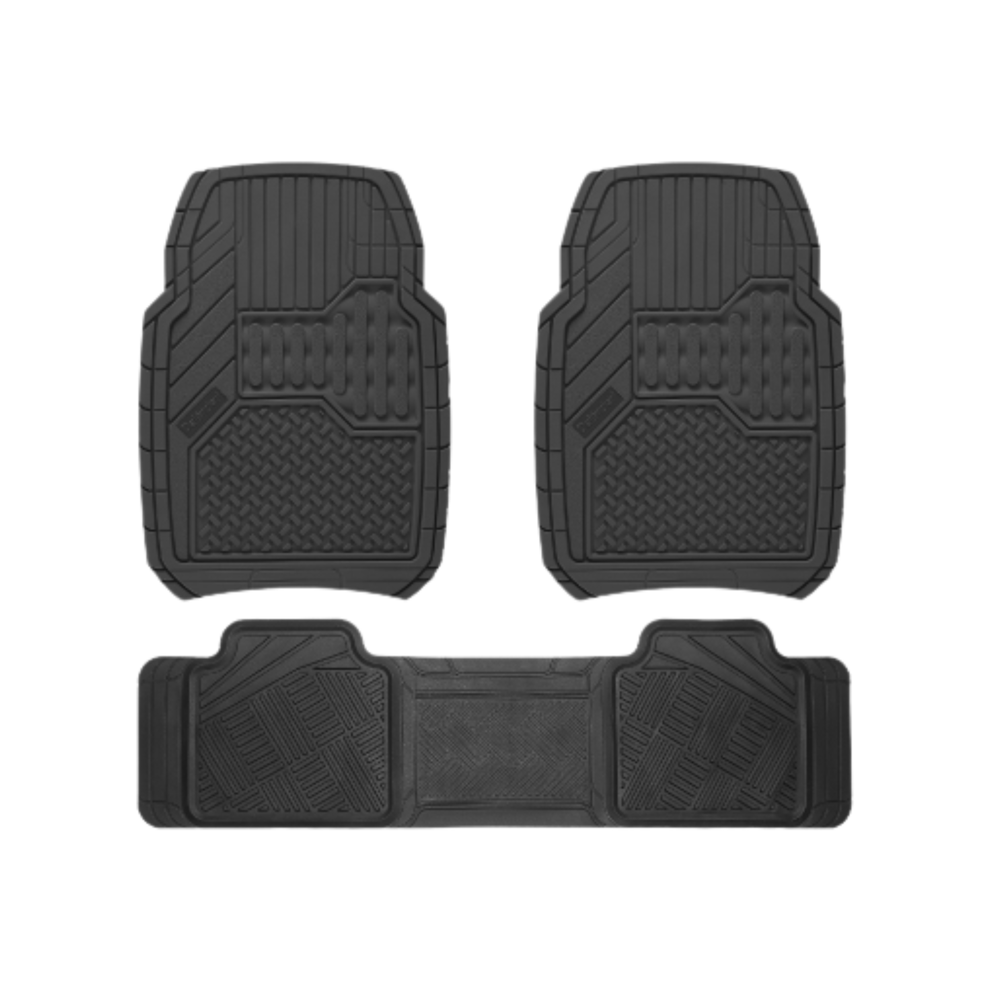 Tapete universal 3 piezas Defender D-M en PVC flexible, fácil de limpiar, con líneas de corte para adaptar a casi cualquier vehículo. Color negro.