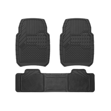 Tapete universal 3 piezas Defender D-M en PVC flexible, fácil de limpiar, con líneas de corte para adaptar a casi cualquier vehículo. Color negro.