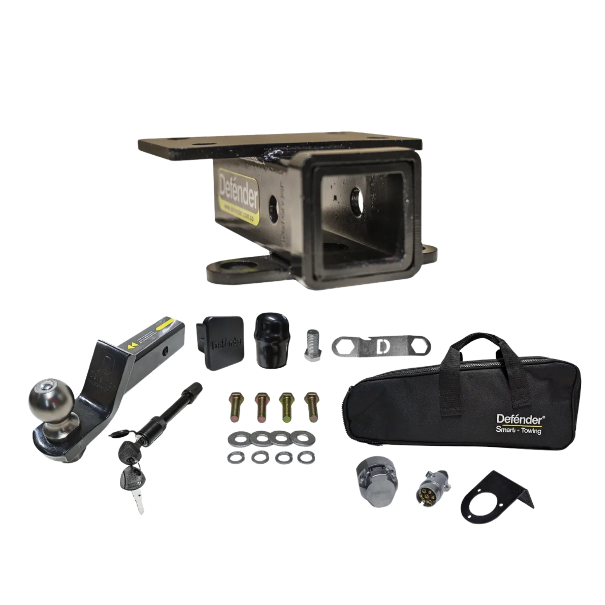 Tiro de arrastre Defender con lengüeta, bola 2”, maletín, conectores y más. Alta calidad, diseño 3D y garantía de por vida por defectos de fábrica.