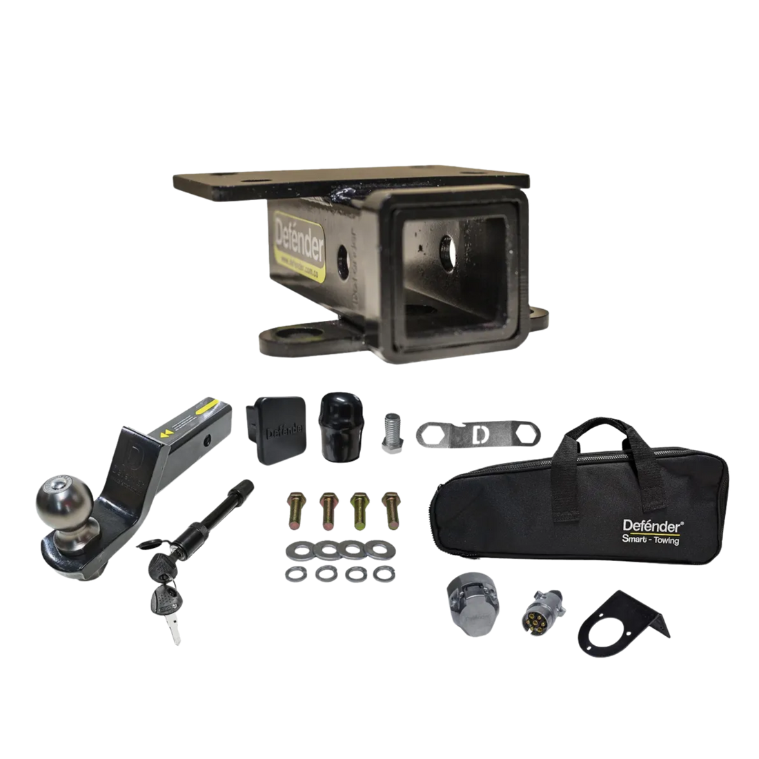 Tiro de arrastre Defender con lengüeta, bola 2”, maletín, conectores y más. Alta calidad, diseño 3D y garantía de por vida por defectos de fábrica.