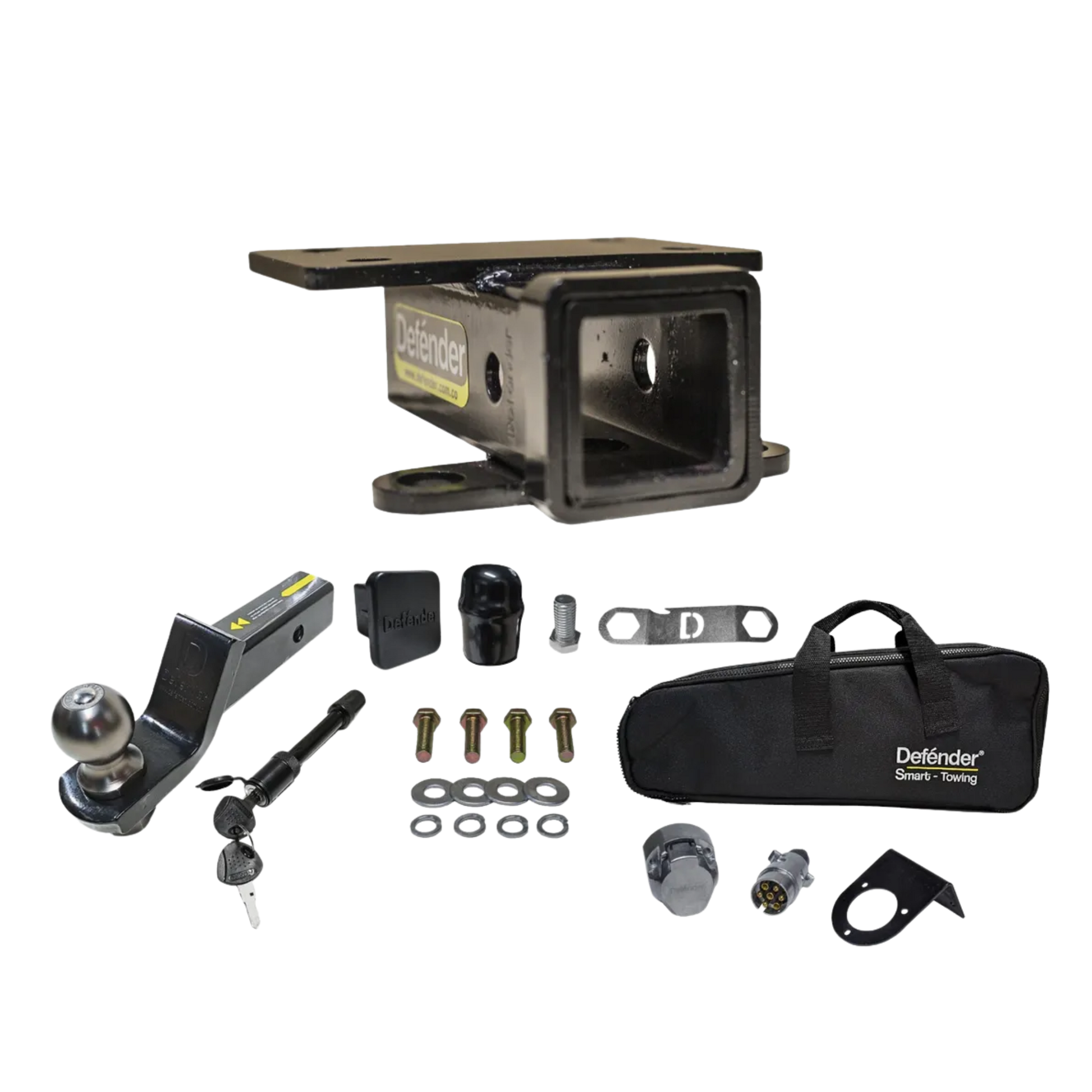 Tiro de arrastre Defender con lengüeta, bola 2”, maletín, conectores y más. Alta calidad, diseño 3D y garantía de por vida por defectos de fábrica.