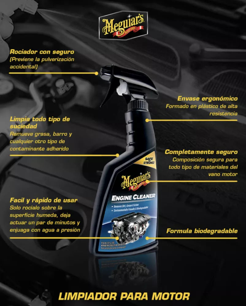 Meguiar’s Engine Cleaner limpia grasa y suciedad del motor de forma segura. Espuma potente, sin dañar gomas, plásticos ni metales. Fácil y rápido de usar.

