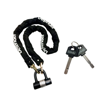 Cadena Defénder de 10 mm en acero de manganeso endurecido, 150 cm de largo, con candado reforzado, anti-taladro, alta seguridad y garantía de por vida.