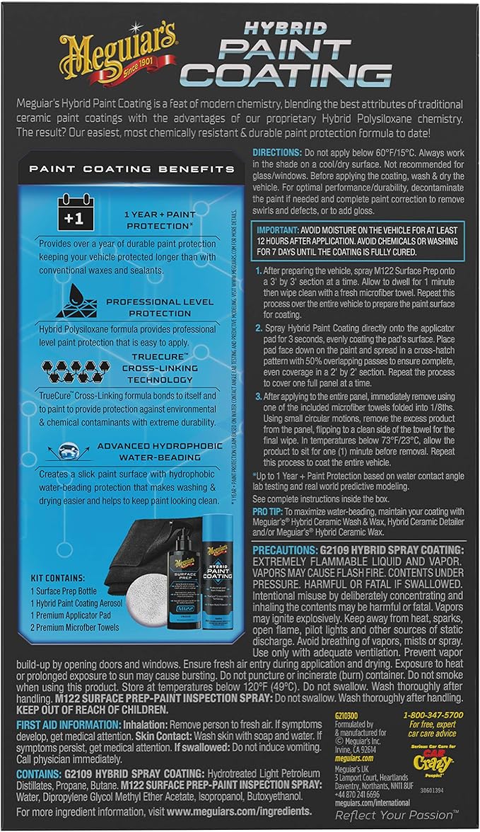 Kit Meguiar’s Hybrid Paint Coating: protección cerámica híbrida de hasta 1 año, con brillo intenso y resistencia a rayos UV, agua y contaminantes.