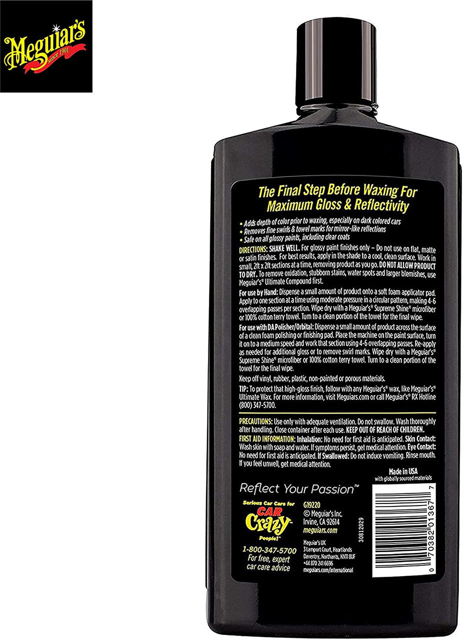 Meguiar’s Ultimate Polish mejora el brillo, elimina remolinos finos y deja la pintura suave, lista para encerar. Ideal para un acabado de calidad profesional.