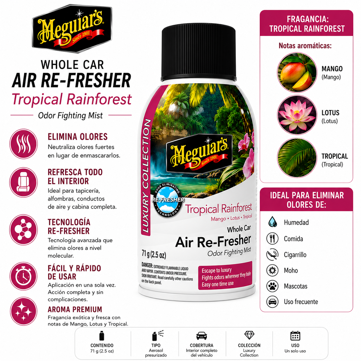 Granada Tropical Rainforest Air Re-Fresher de Meguiar's G262602 – Eliminador de Olores Fragancia Exótica