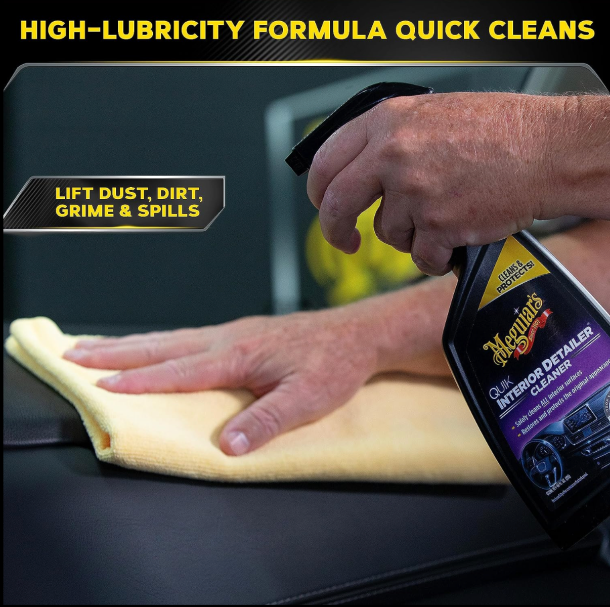 Meguiar’s Quik Interior Detailer limpia y protege rápidamente todas las superficies interiores del auto, dejando un acabado sin grasa y aroma fresco.
