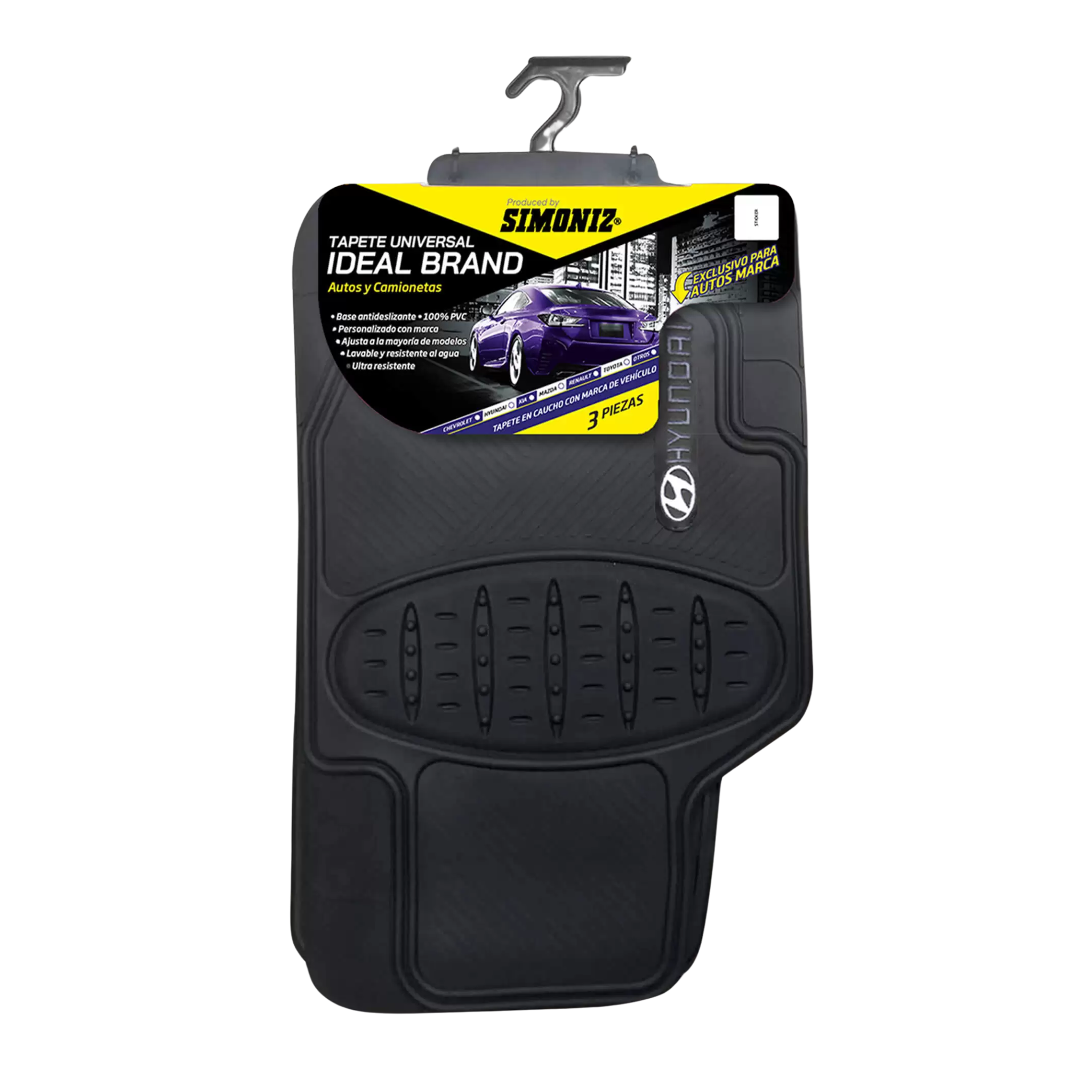 Tapete Hyundai Simoniz 3 piezas en PVC, lavable, resistente y antideslizante. Ideal para mantener limpio y elegante el interior de tu vehículo.